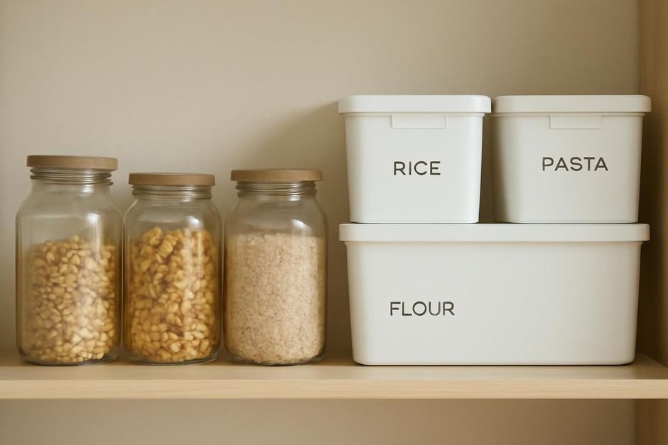 Clear glass jars and labeled lidded bins organizing a pantry shelf